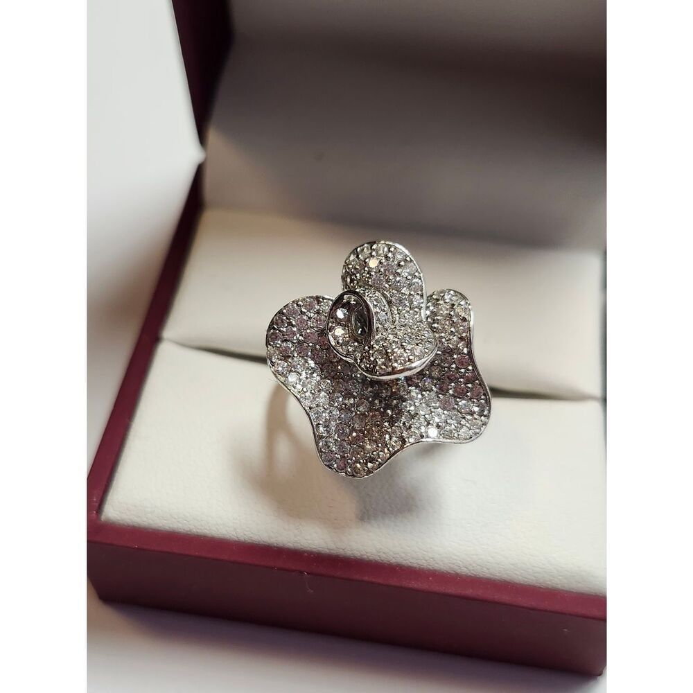 Sterling Silver Crystal Flower Statement Ring - Sparkling Pavé Design Size 9